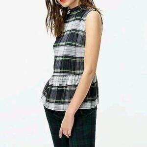 J Crew Sleeveless Peplum Top Gilded Highland Tartan Plaid Blue Green Mockneck XS